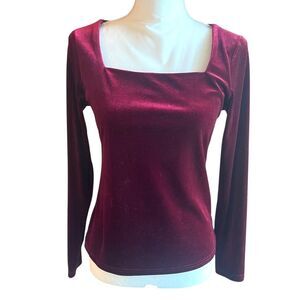 Allegra K Womens Red Velvet Top Small Long Sleeve Holiday Party Square Neck Glam
